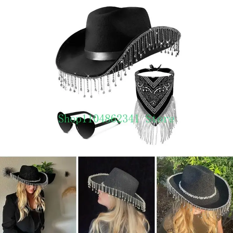 

652F Fringed Cowgirl Top Hat Neck Scarf Women Party Wear Night Club Outfit