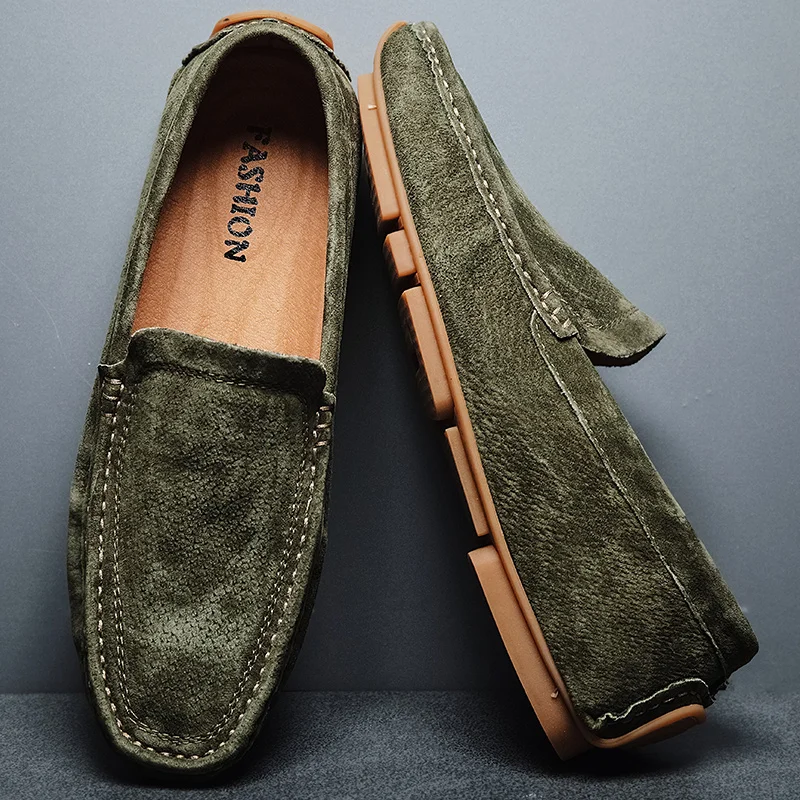 New Genuine Suede Leather Handmade Loafers Mens Dress Boat Casual Footwear Driving Slip on Winter Summer Peas Male Shoes For Men