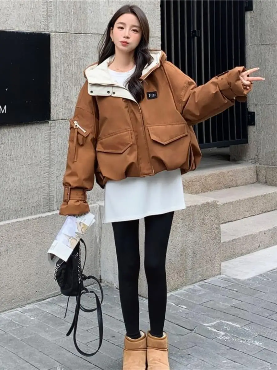 Cel Brown Cotton Gefüttert Thiened Jaet Damen Kleine Größe Winter Neuer lockerer Baumwollmantel Trenchcoat Sle Abnehmbare Kapuze