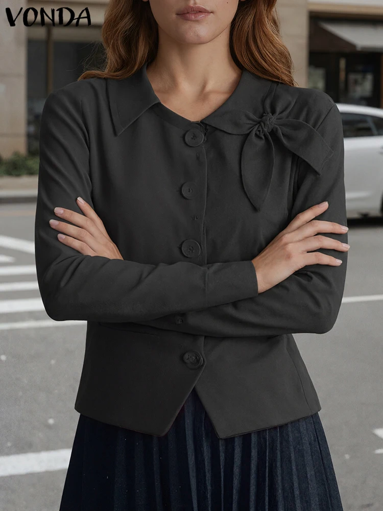 

VONDA модные рубашки женские блузки с длинным рукавом 232 осень пуховые рукава пуговицы с бантом офисные женские Blusas Femininas элегантные топы OL