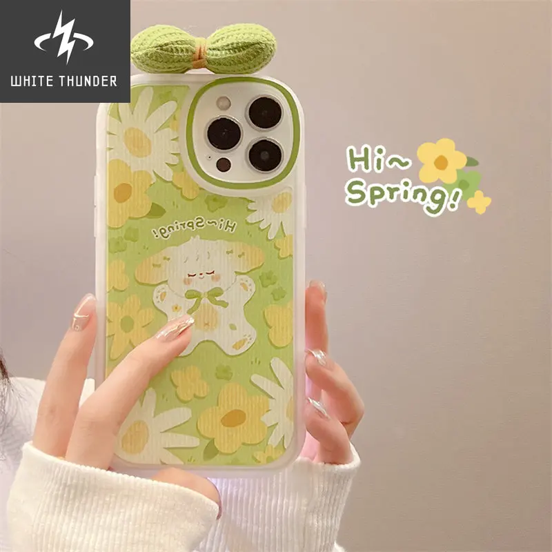 For iphone 11 12 13 Pro Max XR X Xs 7 8 Plus Phone Case Early Spring Sweet Bow Tie Cute Cartoon Grass Dog Anti-drop Soft Shell