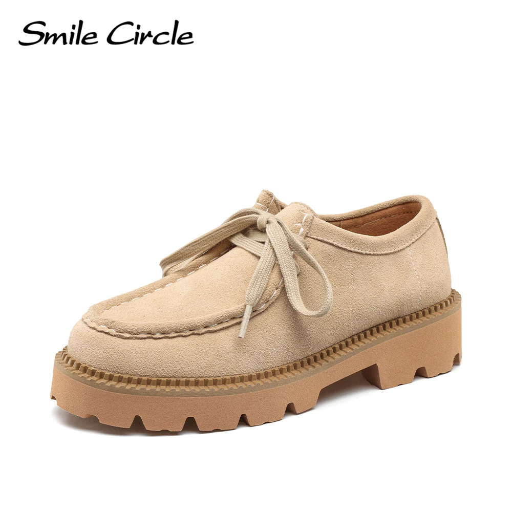 Smile Circle Suede Derby Shoes Women Lace-up Round Toe Flat Platform Shoes Fashion Casual Shoes Women's Loafers