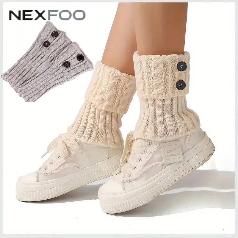 Vintage Cable Knit Boot Cuffs for Women, Button Decor Short Knitted Leg Warmer Elastic Twist Winter Warm Boot Topper Leg Covers