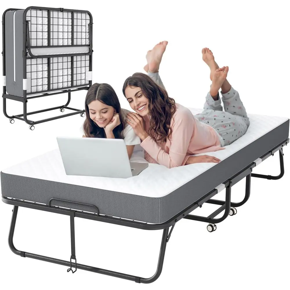 

75 x 31 Double Size Bed with Mattress, Adult Rollaway Beds, Portable Folding Beds with Easy Storage, Durable Metal Frame