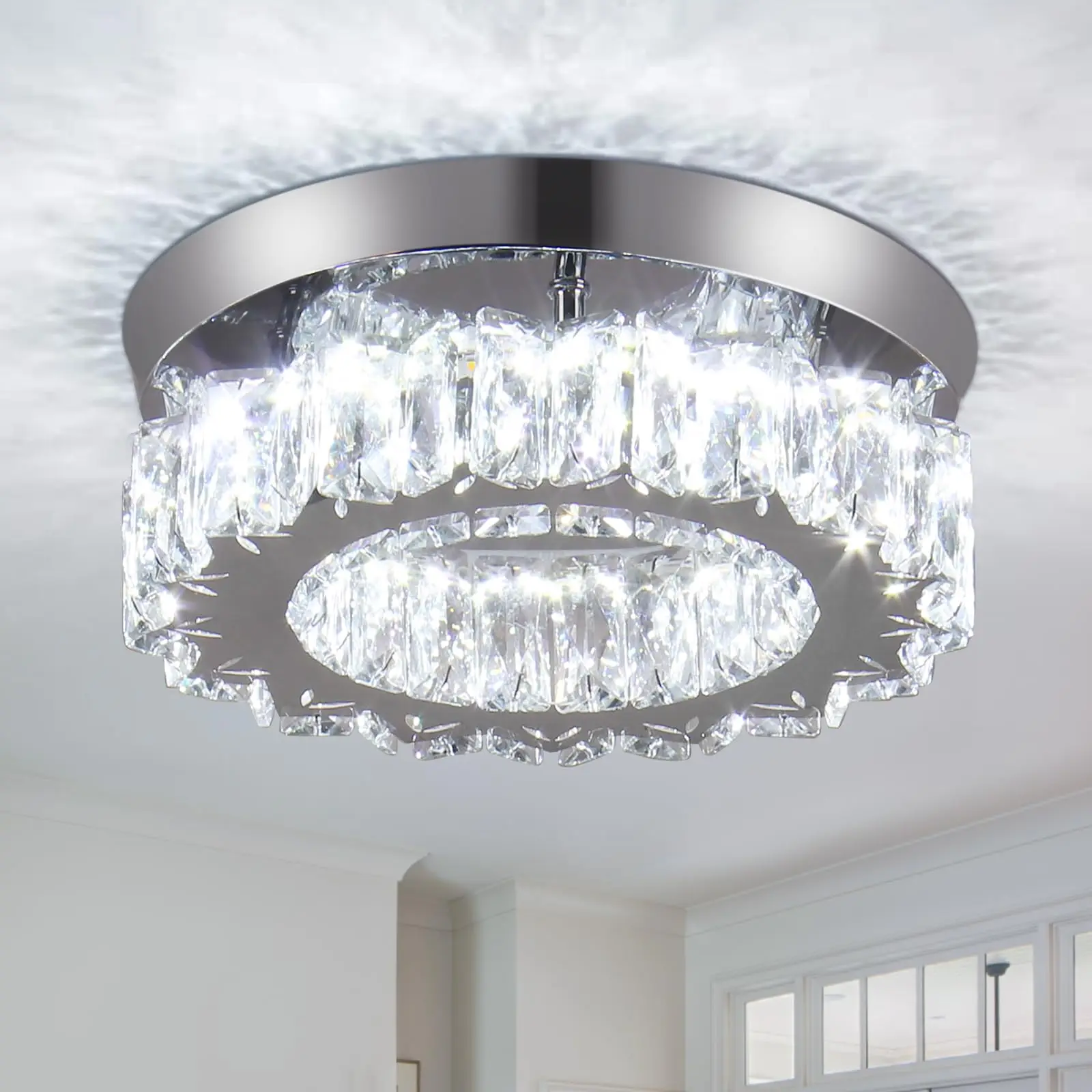 

Modern Chandelier Crystal Ceiling Light LED Dimmable Ceiling Lamp Flush-Mounted Small Round for Living Room Bedroom Hallway