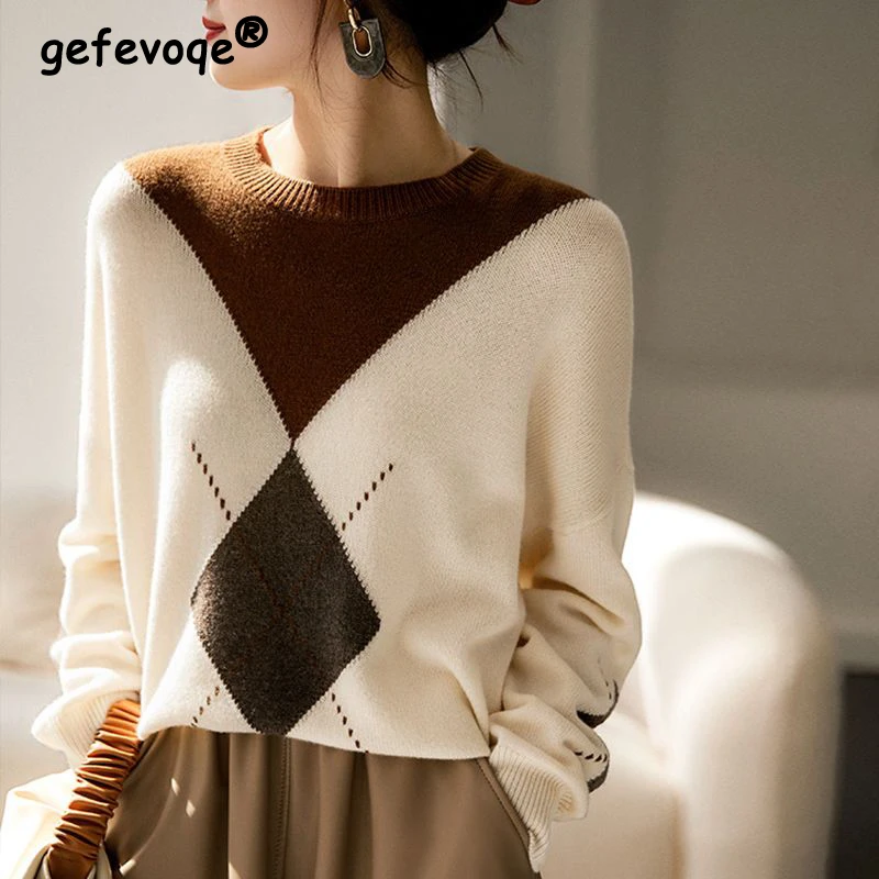 2023 Autumn Winter Women Contrast Color Patchwork Soft Knitted Sweater Trendy Round Neck Long Sleeve Loose Pullover Tops Jumpers