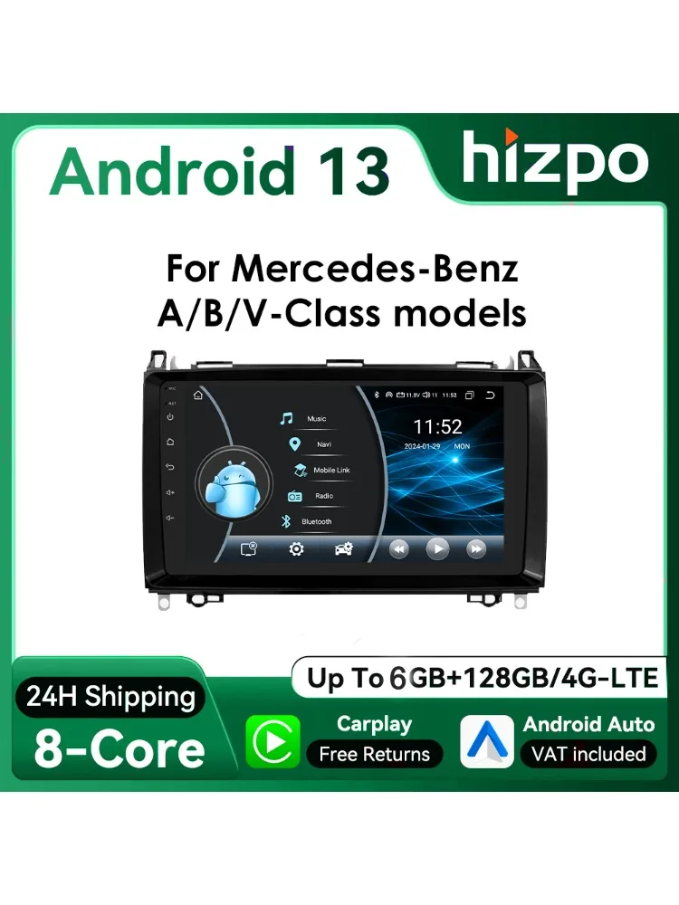 Hizpo 9 Zoll CarPlay Android Auto Autoradio für Mercedes Benz Viano Vito W639 B200 W169 W245 Sprinter W906 GPS DSP RDS UI8581