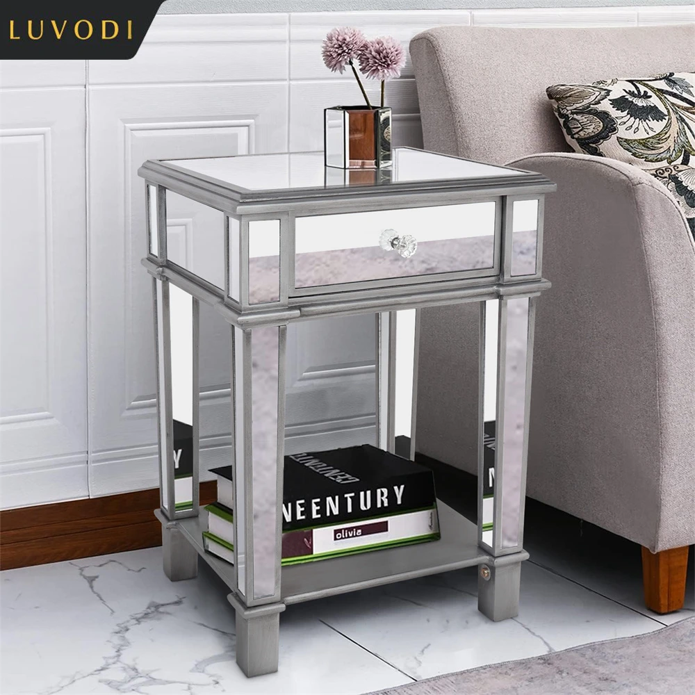 LUVODI Mirrored Side Table with Storage & Drawer, Silver Glass Sofa Nightstand for Bedroom Living Room