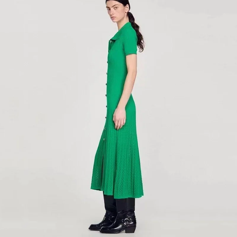 2024French Fashion Spring New Dopamine Green Long Knit Dresses Polo Short Sleeve Flared Long High Quality Women\'s Long Dress Y2k