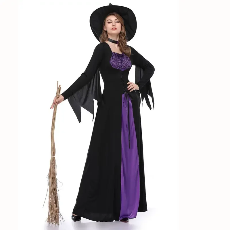 ผู้หญิง Wicked สีม่วงชุดแม่มดปาร์ตี้ฮาโลวีนคอสเพลย์ชุดผู้หญิงผู้ใหญ่น่ากลัวสีม่วง Carnival Performance เสื้อผ้า