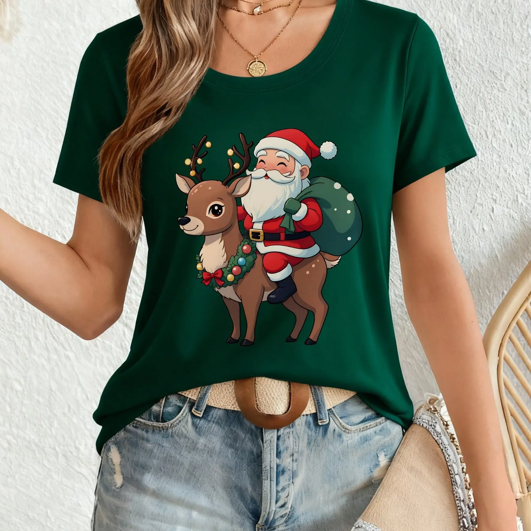 

Christmas Element Women's T Shirts Cartoon Santa Claus Print Short Sleeve Tops Casual Round Neck Party Oversized Female Clothing