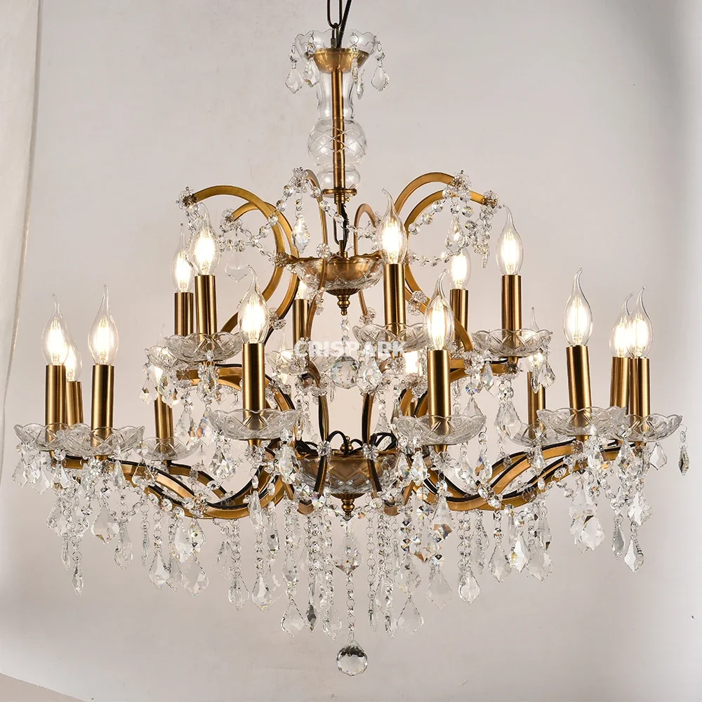 19th C. Rococo Iron & Crystal Round Chandelier LED Brass Candle Chandelier Lights Raindrop Crystal Chandeliers for Living Room