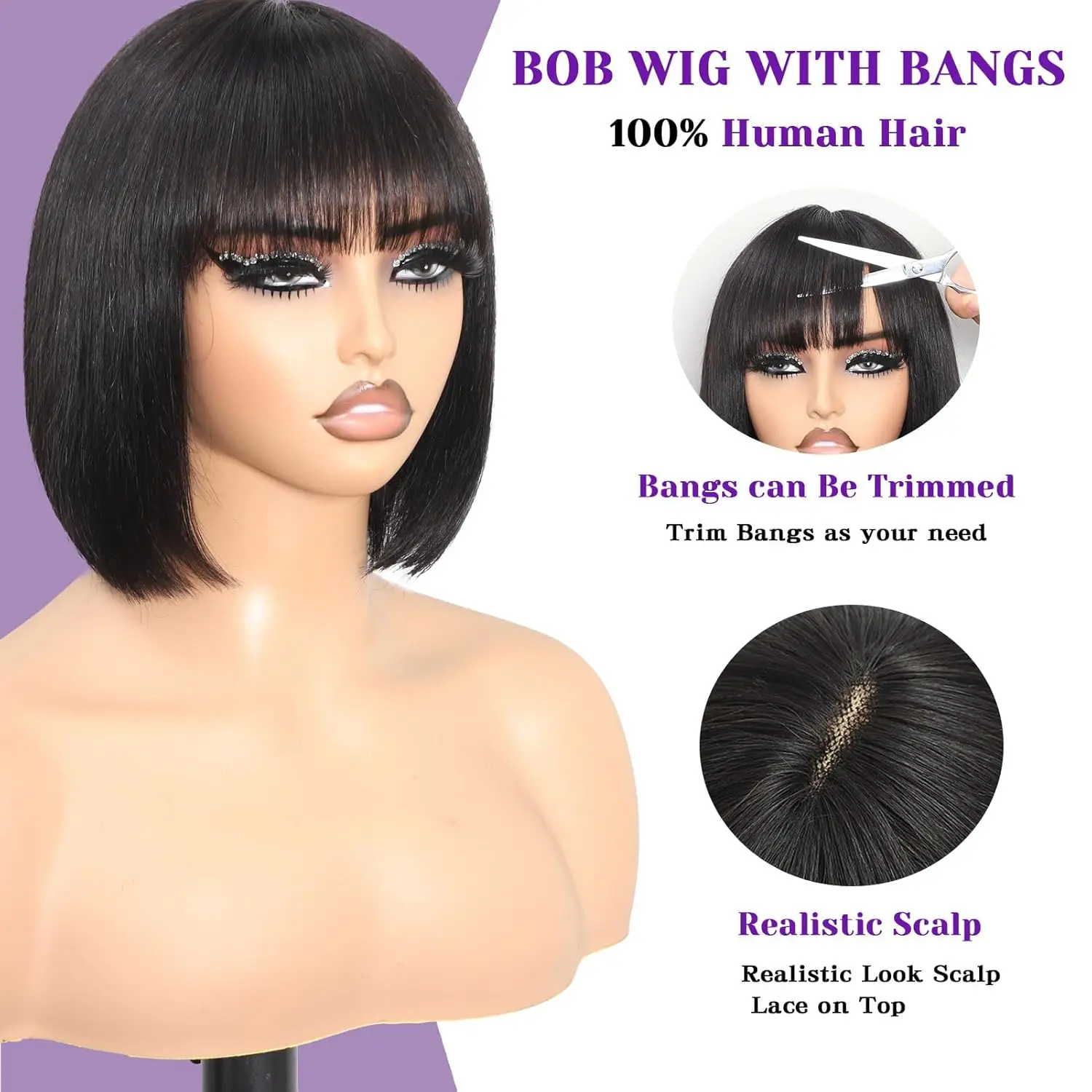 วิกผมบ๊อบผมแท้แบบไม่ต้องใช้กาว พร้อมหน้าม้าตรง วิกผมลูกไม้ปิด 3x1 สำหรับผู้หญิงผิวสีดำ สีดำธรรมชาติ ขนาด 16 นิ้ว