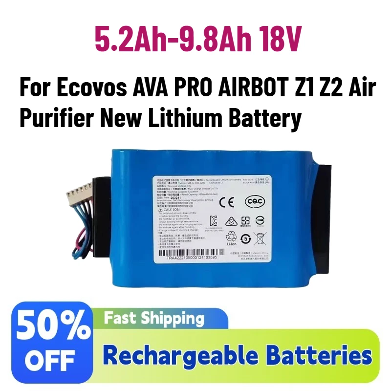 In Stock High-Capacity 5.2Ah-9.8Ah 18V Rechargeable Battery for Ecovos AVA PRO AIRBOT Z1 Z2 Air Purifier New Lithium Battery
