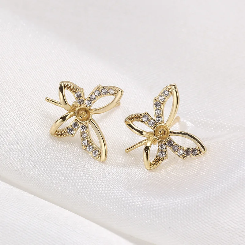 4PCS E195 Gold Plated Copper Butterfly S925 Silver Needle Pearl Stud Earrings Findings Jewelry Making DIY Jewelry Accessories