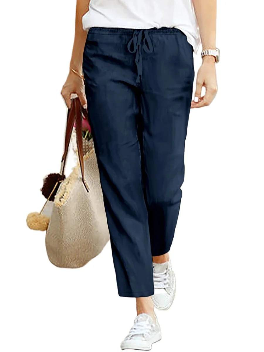 Women High Waist Straight Lace Up Pants Elastic Drawstring Solid Color Long Trousers Comfortable Daily Casual Outfits