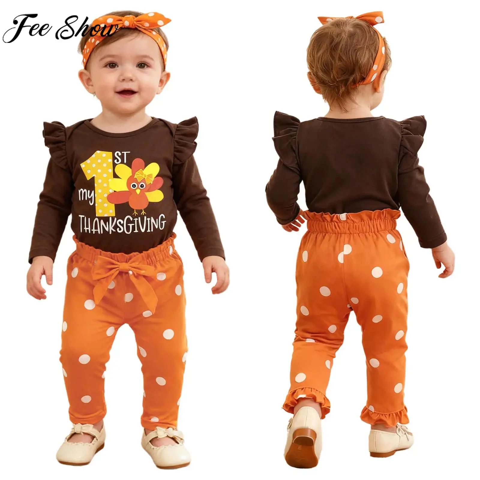 

Baby Girls Long Sleeves Letter Print 1st Thanksgiving Romper with Bow Pants Headband Birthday Party Photography Daily Costume