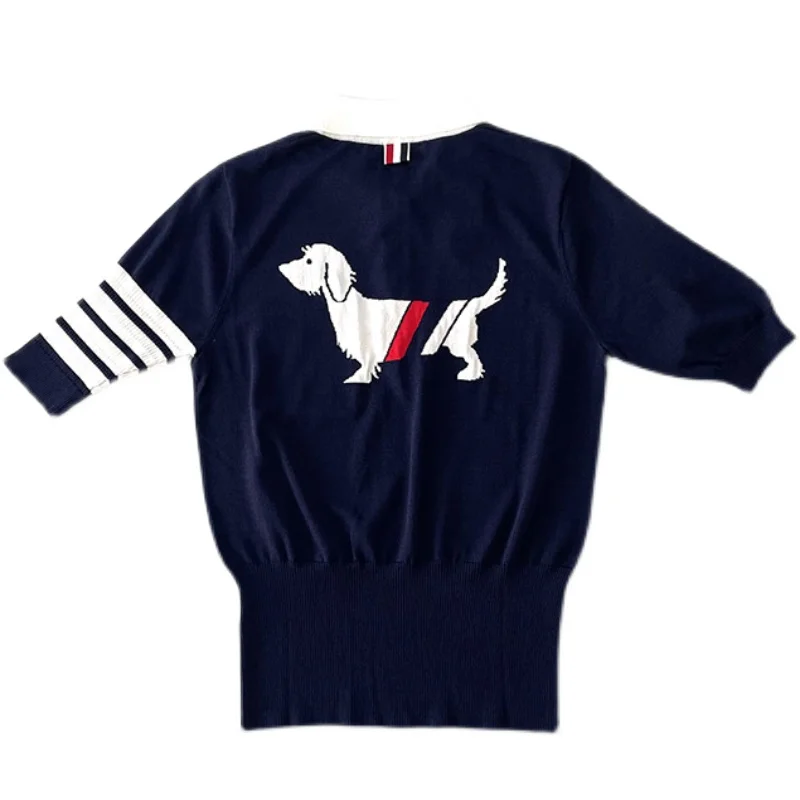 

Thom ort Sve irt Трикотажная женская футболка из ледяного шелка с отложным воротником Цветная тканая футболка для колледжа Briti Commute Sl...