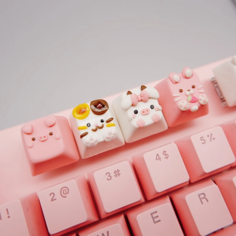 Cartoon animal soft clay keycaps rabbits cows cats and dogs handmade exquisite gifts baked clay mechanical keycaps