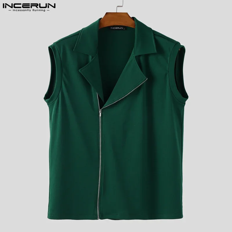 

INCERUN Tops Tee Summer Men Tank Tops Solid Color Zipper Lapel Sleeveless Streetwear Vests Male Tops Oversize Men's Clothing