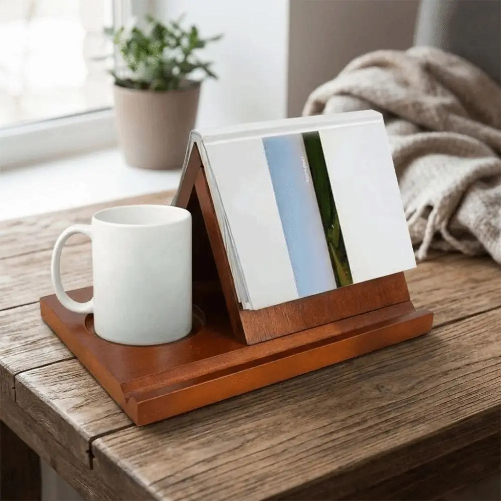 2 in 1 Triangle Wooden Book Holder Decorative Simple Triangle Book Stand Sturdy with Cup Holder Reading Stand Home Decor