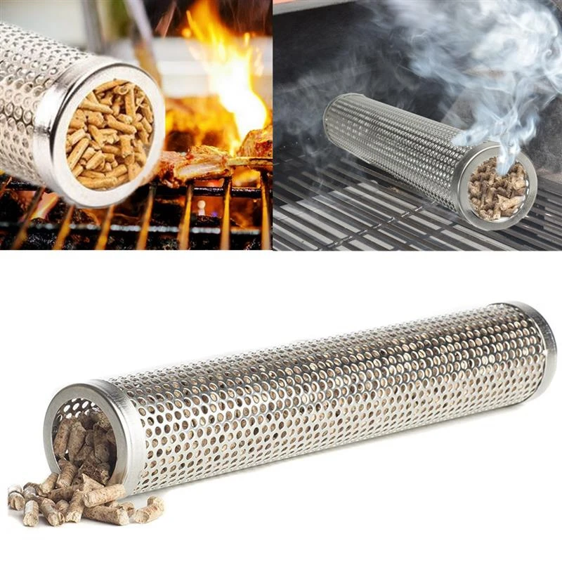 New 2X Round BBQ Grill Hot Cold Smoking Mesh Tube Smoke Generator Stainless Steel Smoker Wood Pellet Round Section