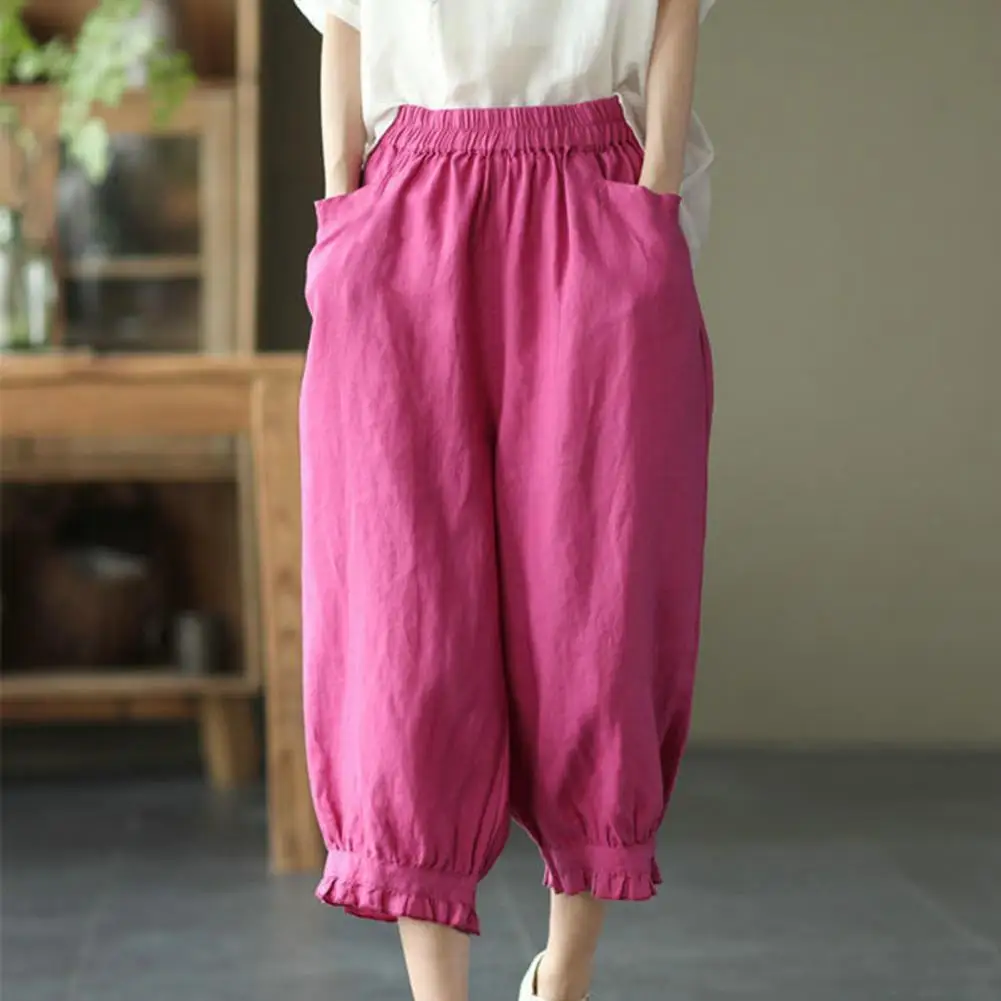 

Cotton Linen Womens Spring Summer Pants Elastic Waist SoLid Color Harem Pants Loose Fit Cropped Pants Casual Female Trousers