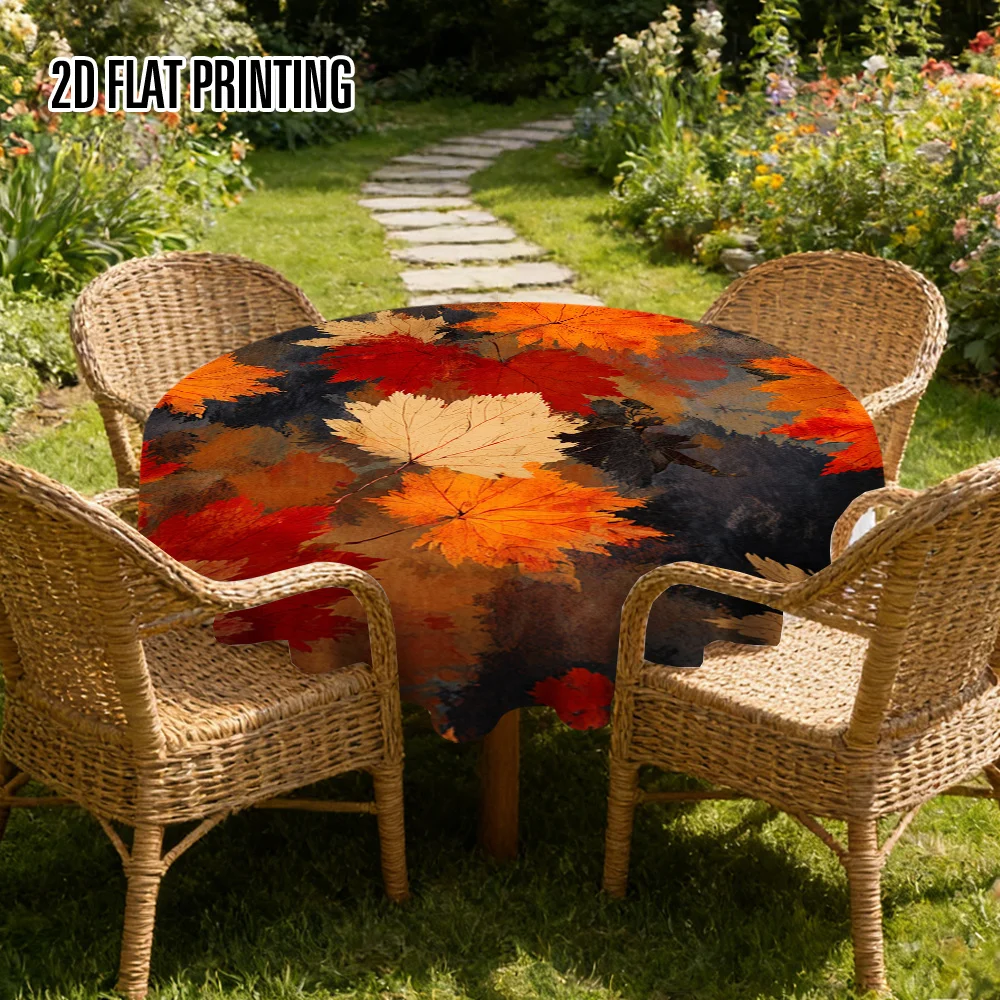 Round tablecloth, featuring a 2D flat design of autumn maple leaves, machine-made, perfect for small tableszyc
