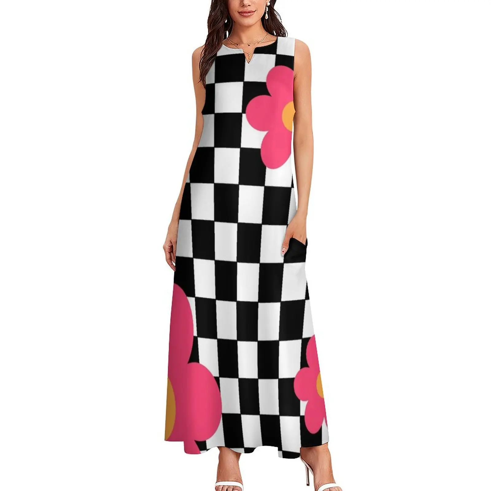 Retro Checkerboard Flowers Mod Long Dress evening dresses women summer dress woman 2025 trendy summer dress daily