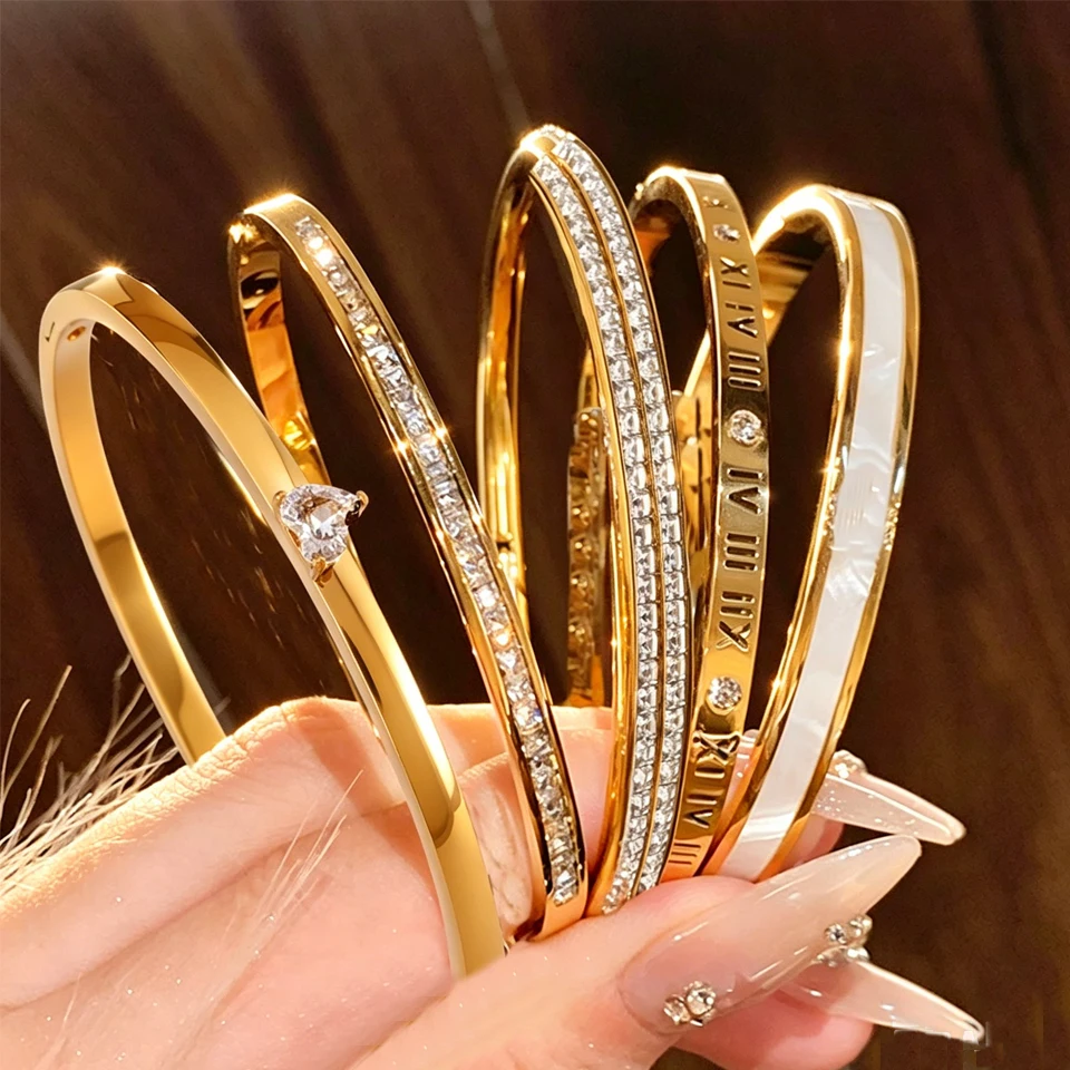 Yupsk 5/1pcs Sparkling Zirconia Inlaid Stainless Steel Bracelets Versatile Various Styles Stackable Bangles Colorfast Jewelry