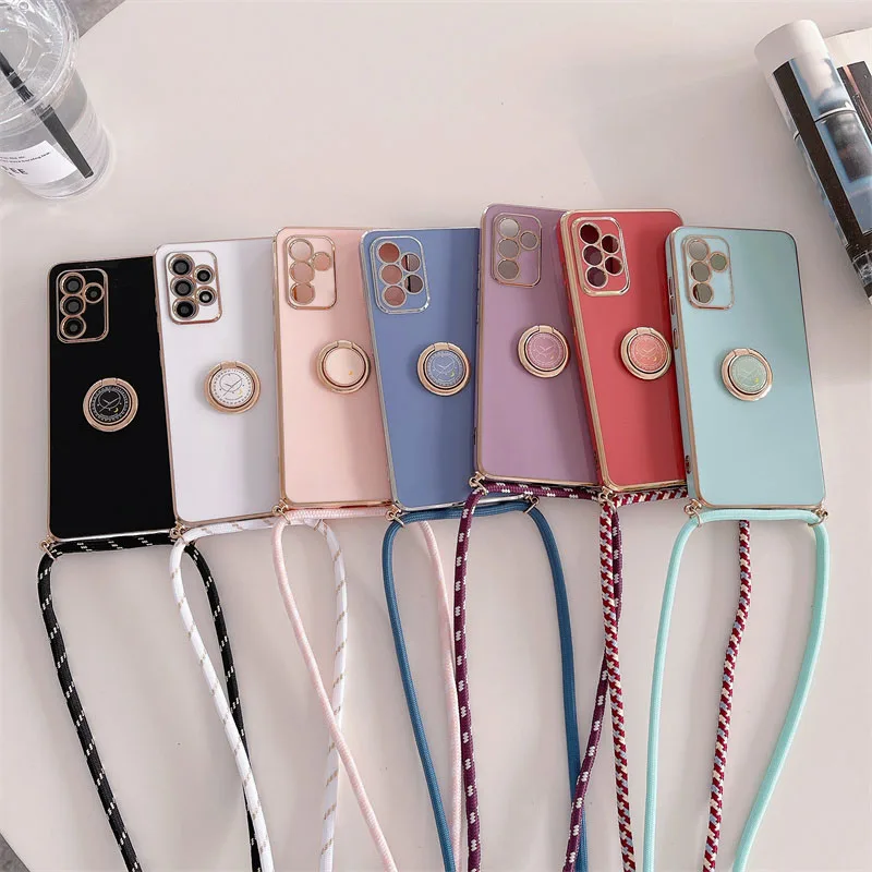 For Samsung Galaxy A15 4G A25 A35 A55 5G A05S Luxury Plating Ring Holder Crossbody Lanyard Case On A 15 25 35 55 05S Back Cover