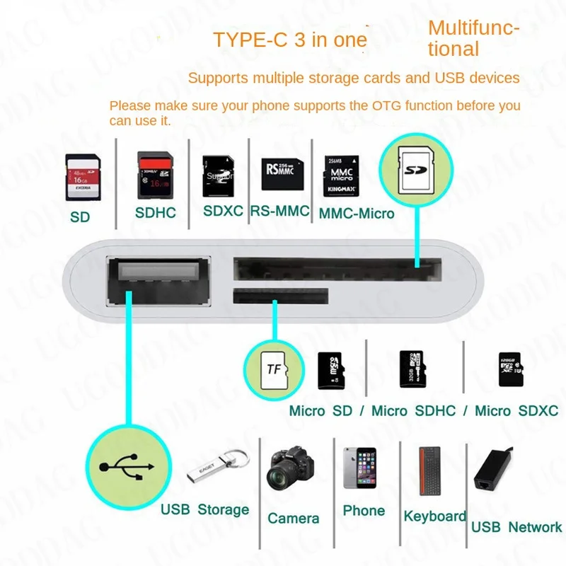 Konverter Hub Multi Port 3 In 1 Tipe C/USB Mikro Ke USB Adaptor OTG TF Pembaca Kartu Memori SD untuk Huawei Android dan Laptop