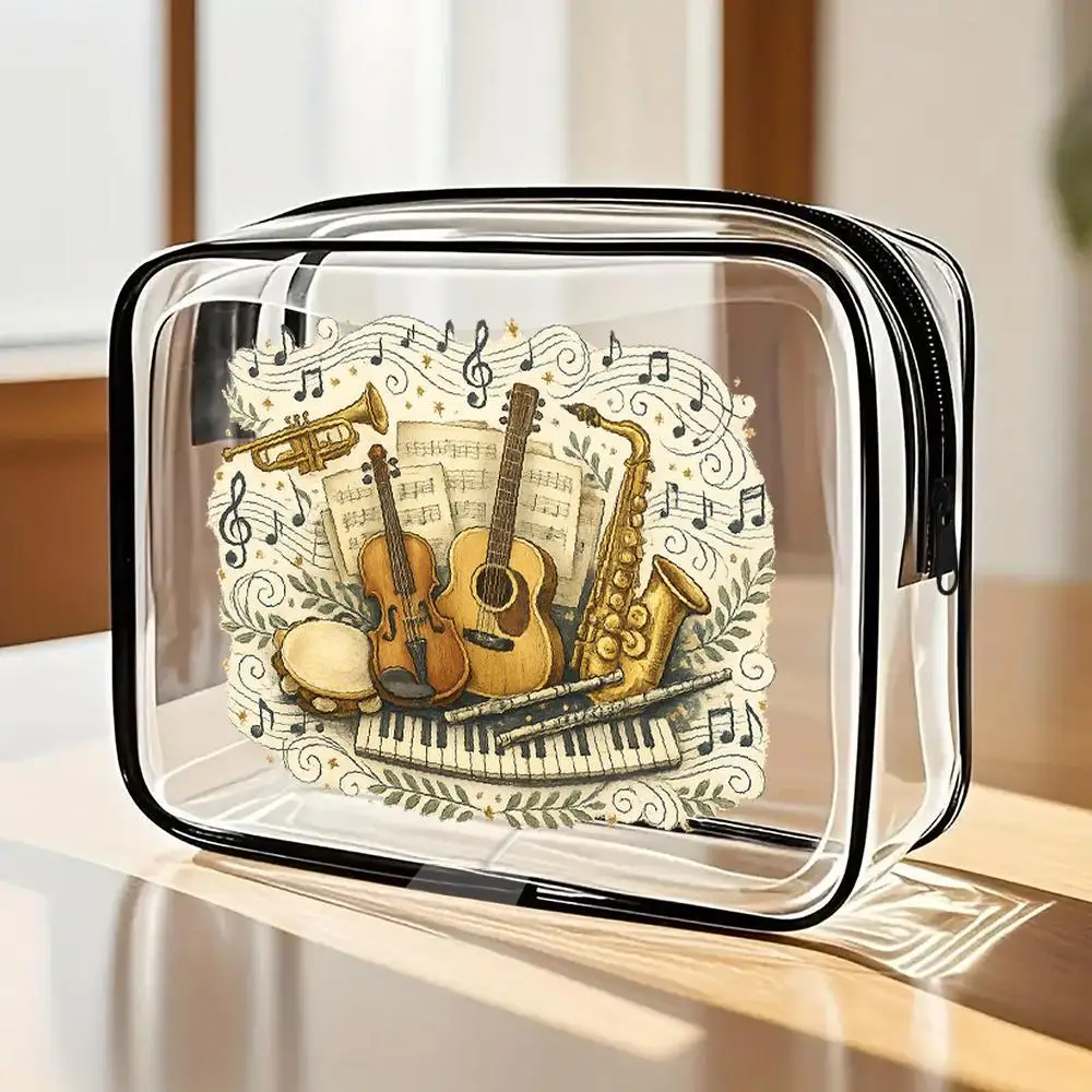Toilet Bag Vintage Musical Instruments & Notes Clear PVC Zipper Makeup Bag, Artistic Vintage Design with Botanical Accents