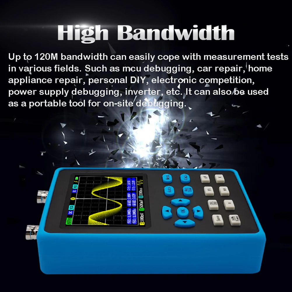 DSO2512G 120M Bandwidth Portable Handheld Dual Channel Oscilloscope 2.8 Inch Display 10mV Minimum Vertical FFT Spectrum Analysis