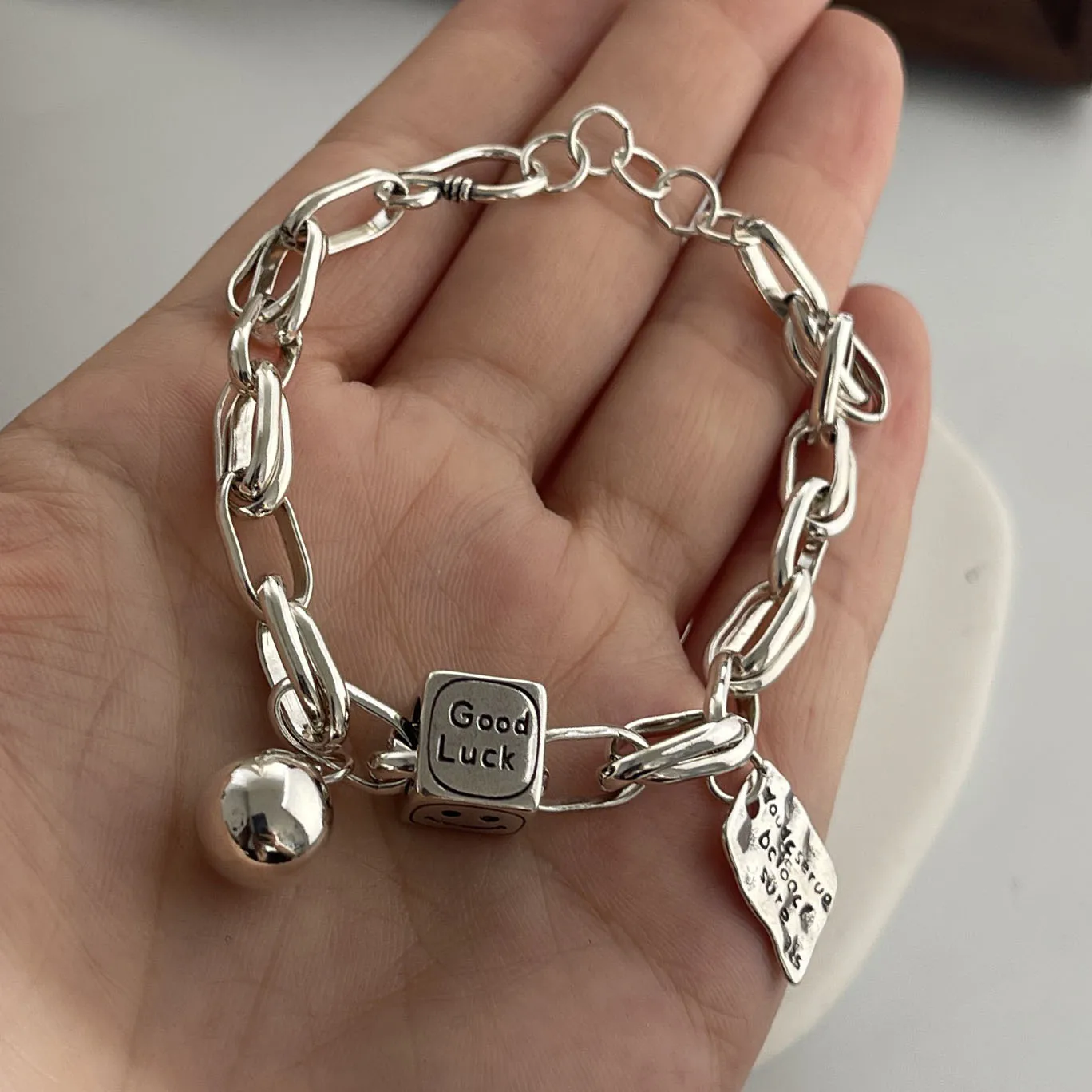 925 Sterling Silver "Good Luck" Charm Link Bracelet