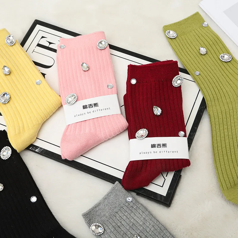 

Women's Socks Korean Retro Cool Comfortable High-quality Cotton Socks For Girl Wholesale Sweet Rhinestone Simple Versatile Shiny