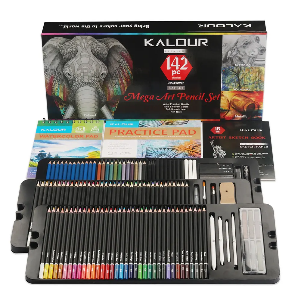 KALOUR 142Pcs Colored Pencils Set Painting Sketch Watercolor Metallic Pencil Complete Artist Kit Drawing Sketchpad Art Supplies