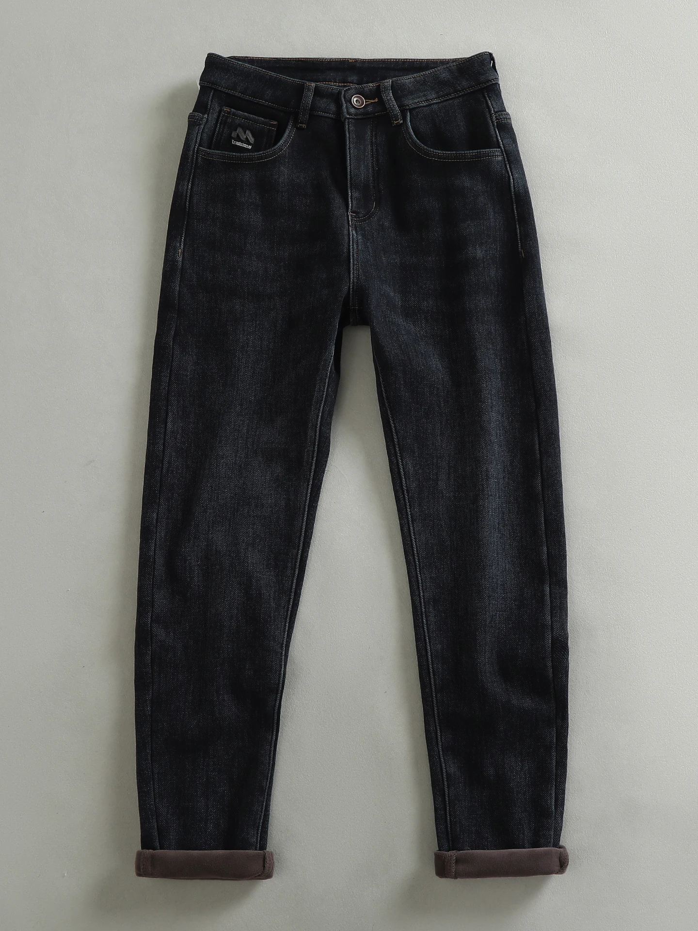 

Thickened Fleece Washed Black Blue Denim Jeans Men's Elastic Comfortable Slim Straight Tube Long Pants American Style Casual ...