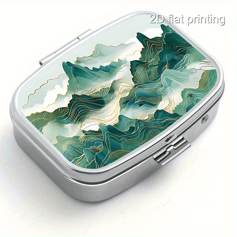1Pcs Square Metal Box with Foggy Mountain Pattern Print, Two-Compartment Metal Box, Mini Portable Metal Box, Suitable for Travel, Outdoor Activities, or as a Portable Metal Case for Wallets or Bags, Decorative Jewelry and Earring Storage Box, Multi-Compartment Metal Box, Multi-Compartment Storage Box for Vitamins, Suitable for Home Use, Travel, Sealed and Moisture-Proof, Unique Holiday Gift, Birthday Small Gift, Collection Box