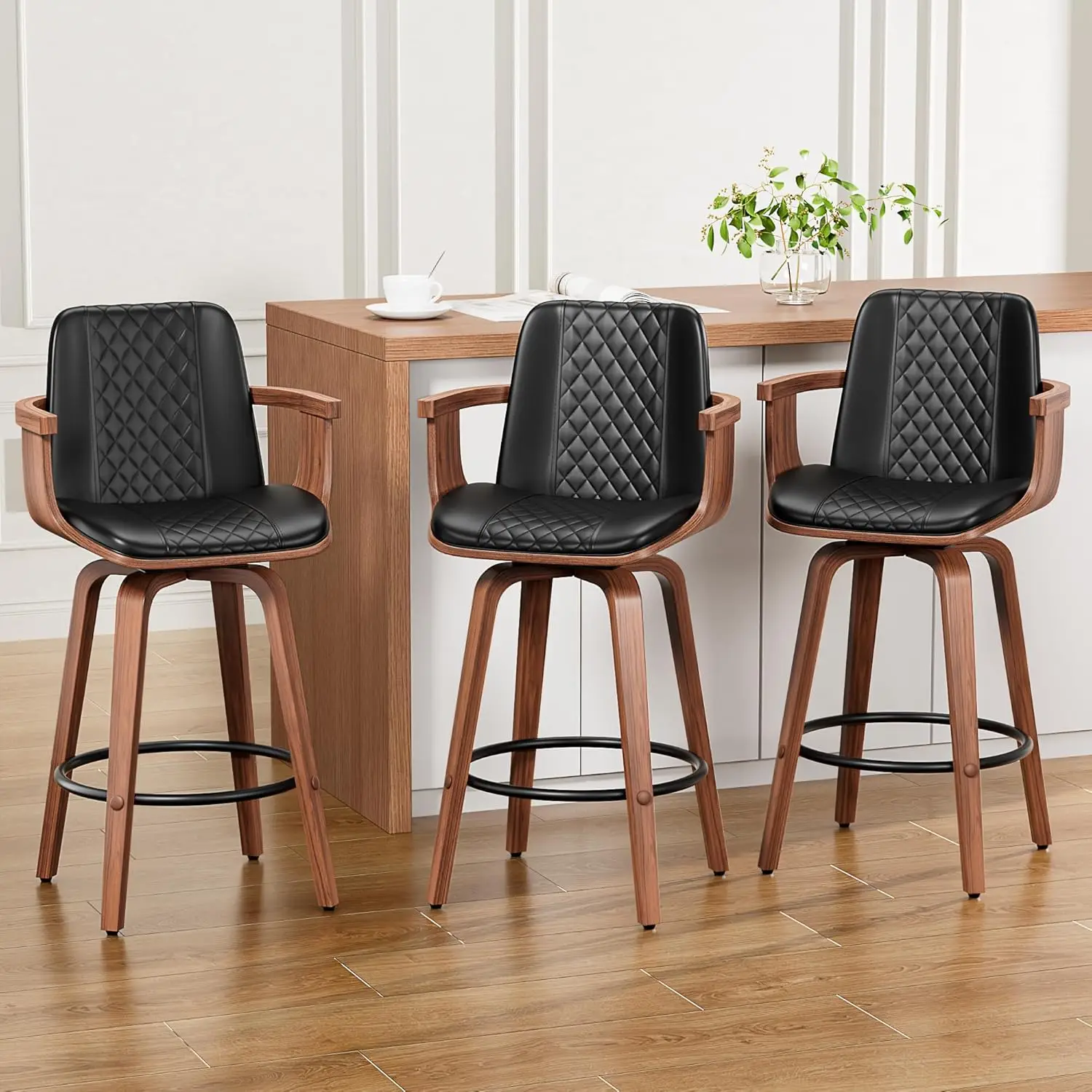 

Bar Stools Set of 3, 26" Bentwood Barstools with Arms, Mid-Century Modern Counter Height Swivel Bar Chairs, PU, Customized