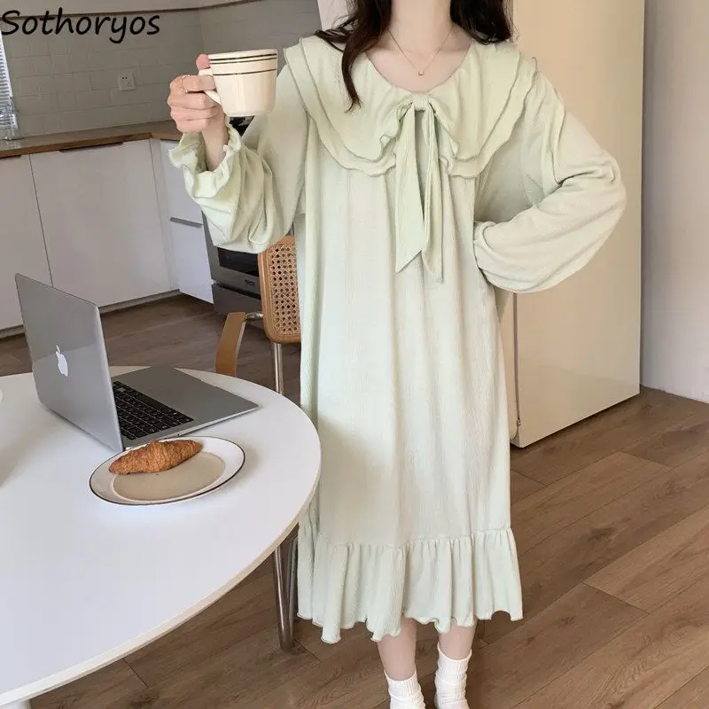 

Lovely Solid Nightgowns Women Princess Midi V-neck Bow Long Sleeve Autumn Cozy Homewear Korean Elegant Mujer Tender Breathable