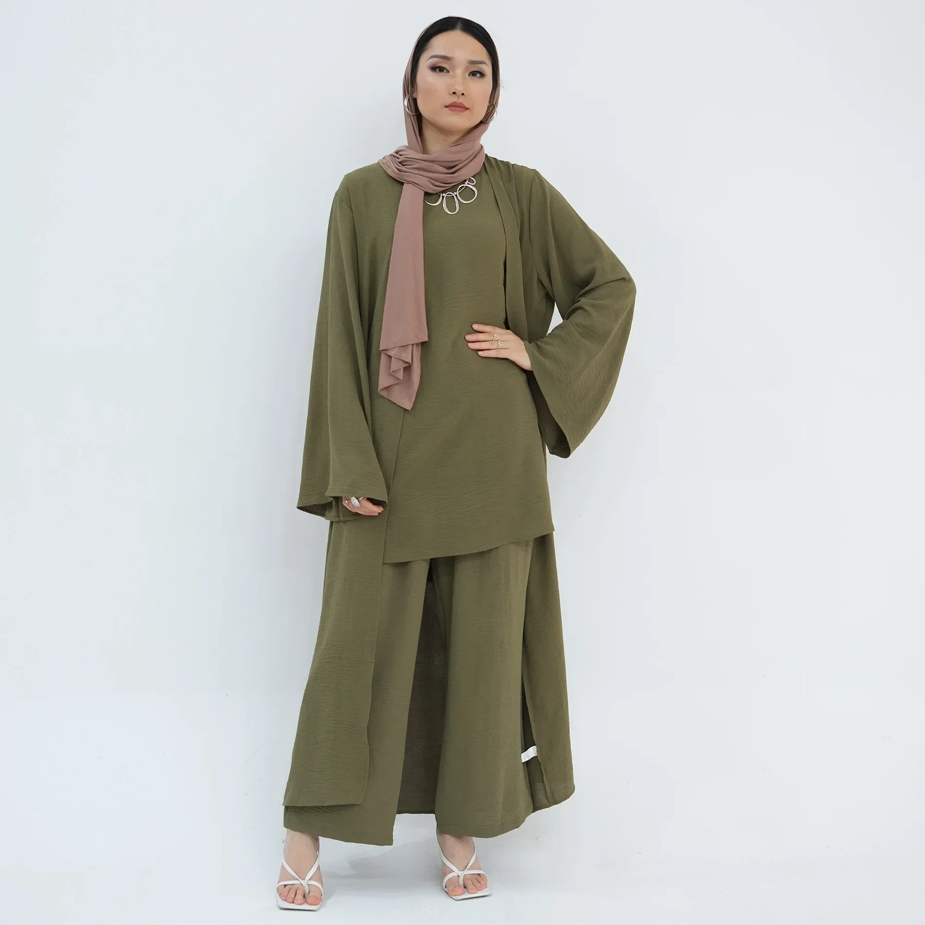 Donne musulmane Set coordinato Kimono aperto Top + Pantaloni 2 pezzi Vestito Abiti islamici Dubai Turchia Abaya Kebaya Caftano Eid Djellaba