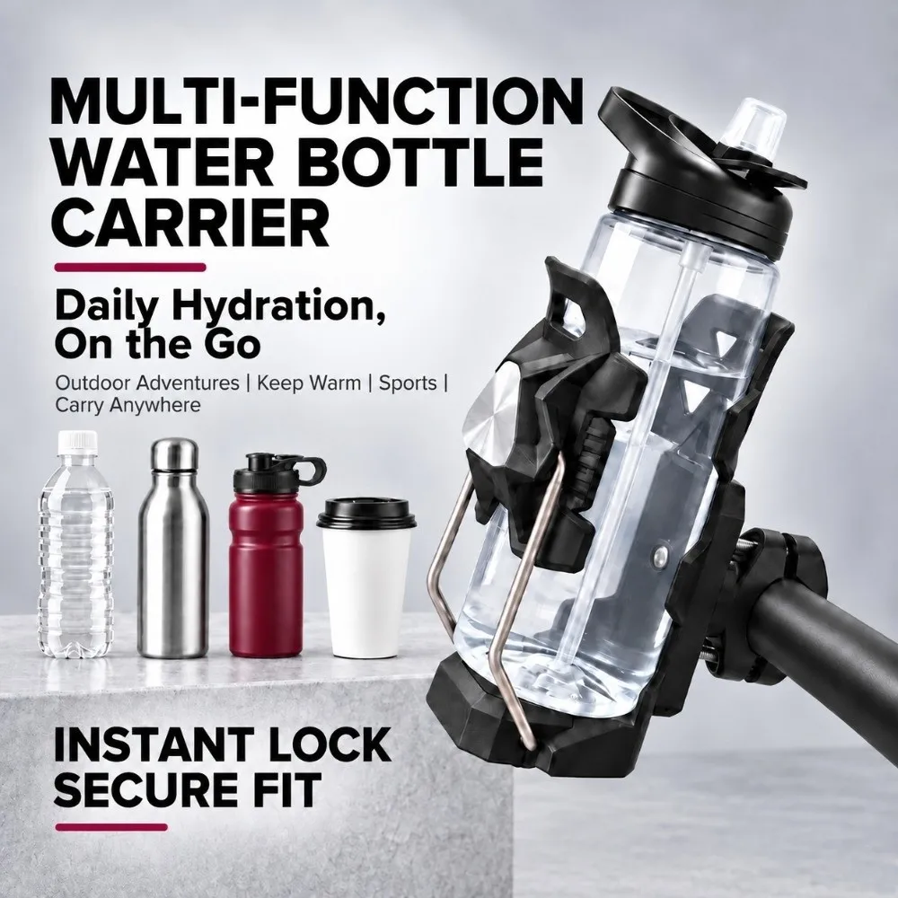 Automatic Locking Motorcycle Cup Holder Adjustable Anti-Slip Bike Bottle Cage 360 Degree Rotation No Drill Installation