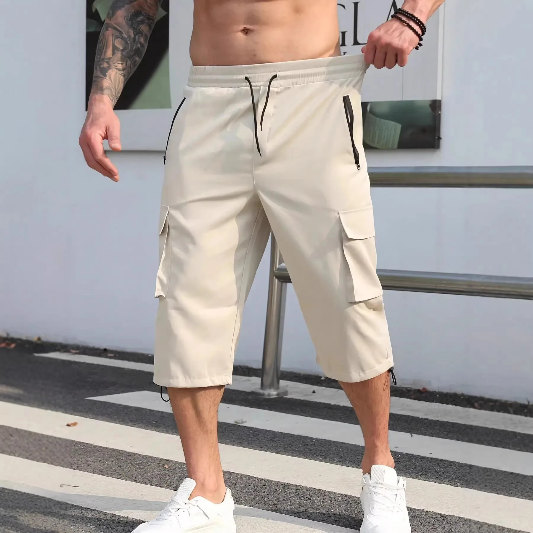 Summer Mens 3/4 Cargo Shorts Twill Multi Pocket Loose Fit Casual Long Shorts Non Stretch Outdoor Workwear