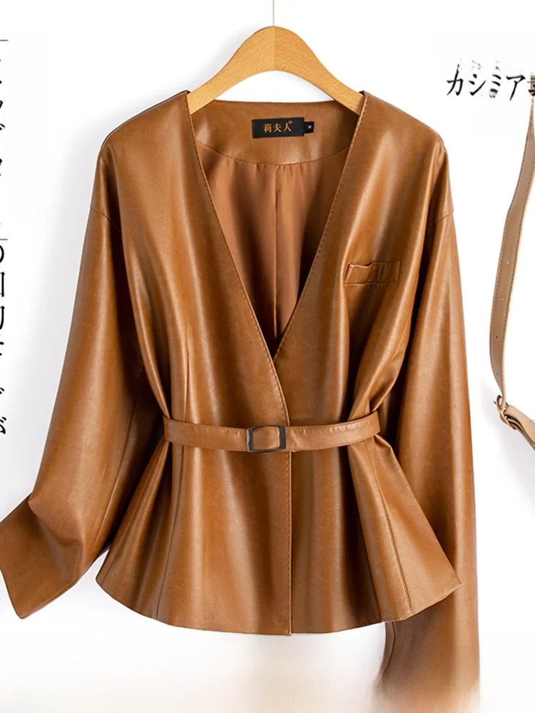 

Женская кожаная куртка Ning из натуральной овчины, приталенная, в мотоциклетном стиле, новая коллекция Весна-Осень-Зима 2025