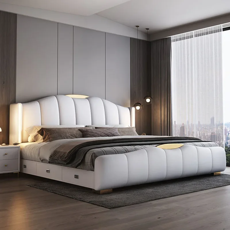 Simple Modern Style Bed Leather Double Master Storage Bed Floor Water Proof Camas Moderrnas Inteligentes Bedroom Furniture