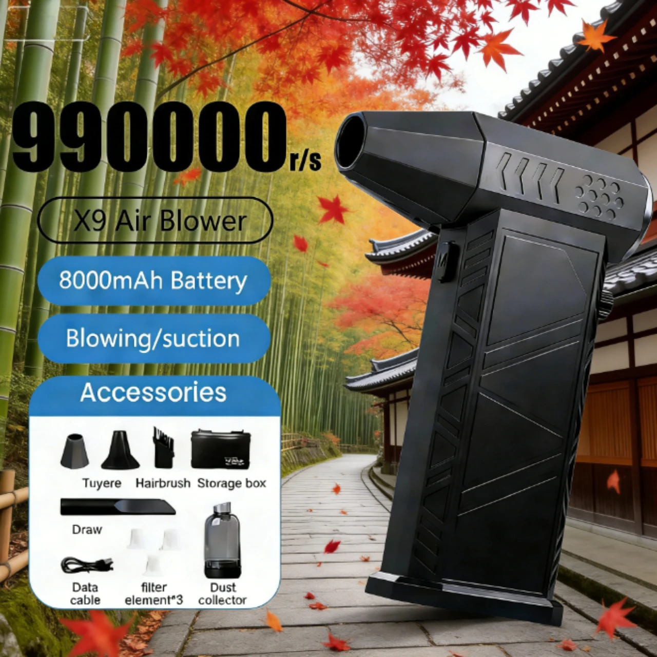 

X9Pro+ 990000 об/мин Бесщеточный турбовентилятор-пылесос с мощностью 58 м/с, компактный, с зарядкой Type-C