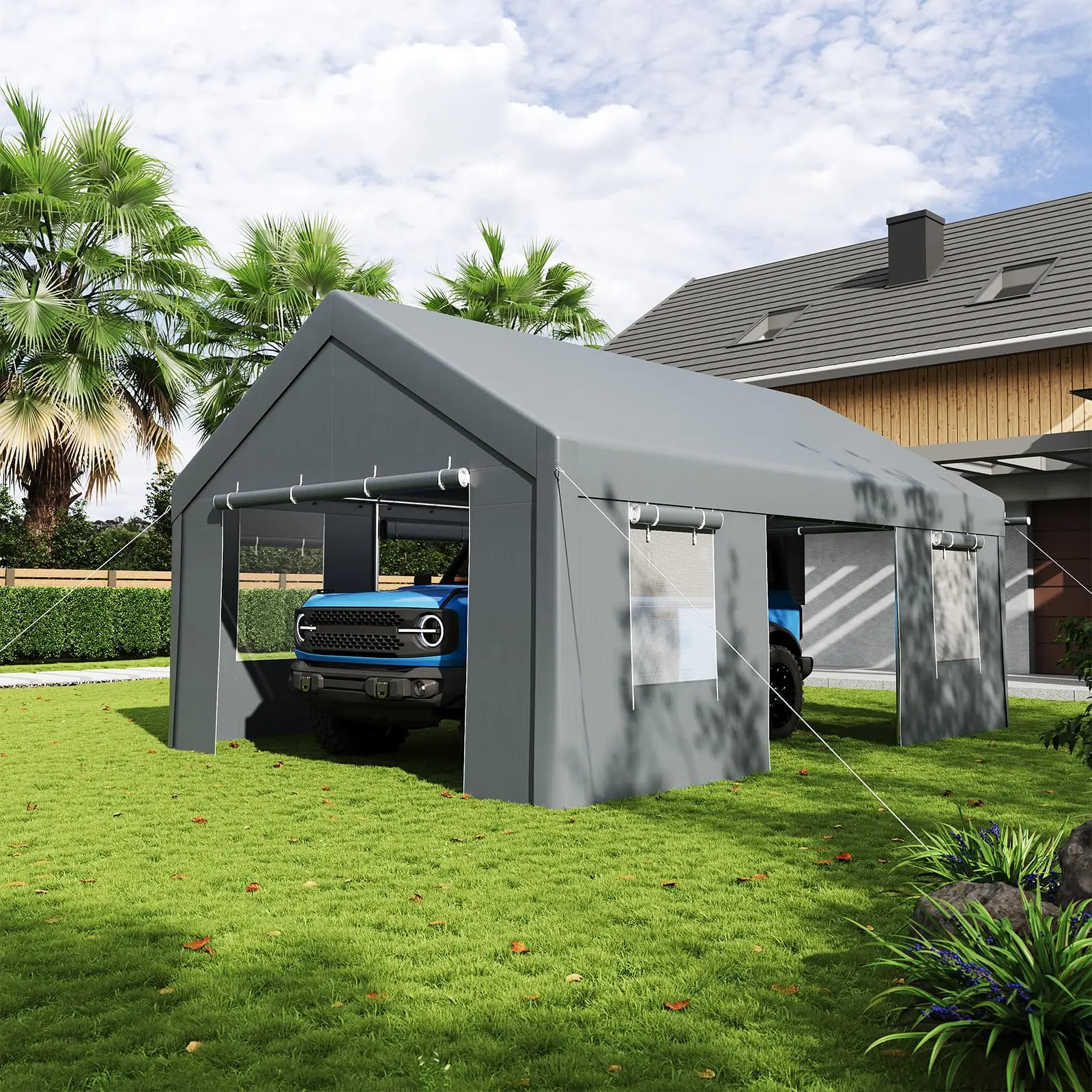 Heavy Duty 13x20 ft Galvanized Steel Carport Canopy - Extra Large Outdoor Garage Shelter - All-Season Tarp, 4 Roll-Up Doors, Mesh Windows - Car, Truck, SUV, Boat Storage - Gray