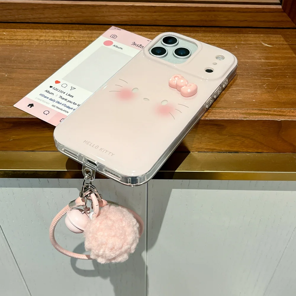 เคสโทรศัพท์ลายเฮลโลคิตตี้ 3 มิติ สีชมพู สำหรับ iPhone 16 17 ProMax 15 14 13 Pro Max ของขวัญสำหรับสาวๆ พร้อมสายคล้อง
