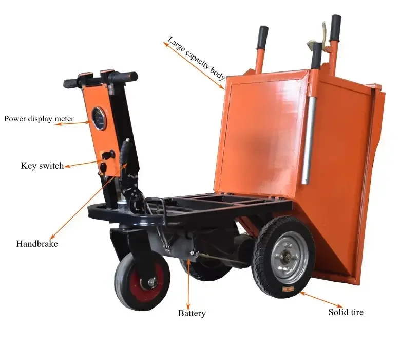 

Электрическая тележка с двигателем из чистой меди на строительной площадке, трехколесный серый ковшовый грузовик, цементный плоский самосвал
